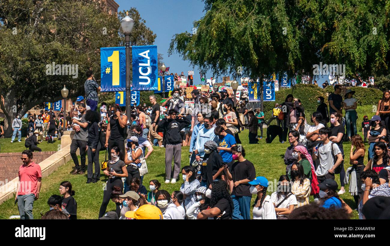 Los Angeles, États-Unis. 1er mai 2024. Étudiants manifestants assis sur les marches du quad et du Janss sur le campus de l'UCLA. Un campement protestant contre la guerre à Gaza a été établi sur le Royce Quad sur le campus de l'UCLA, l'Université de Californie à Los Angeles. Les manifestants ont installé des tentes et des panneaux sur le quad pour protester contre la guerre entre Israël et la Palestine. Crédit : Stu Gray/Alamy Live News. Banque D'Images