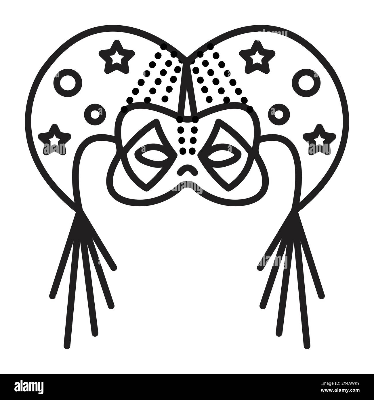 Masques de mascarade Jester, partie costume d'arlequin, icône de ligne noire de vecteur unique Illustration de Vecteur