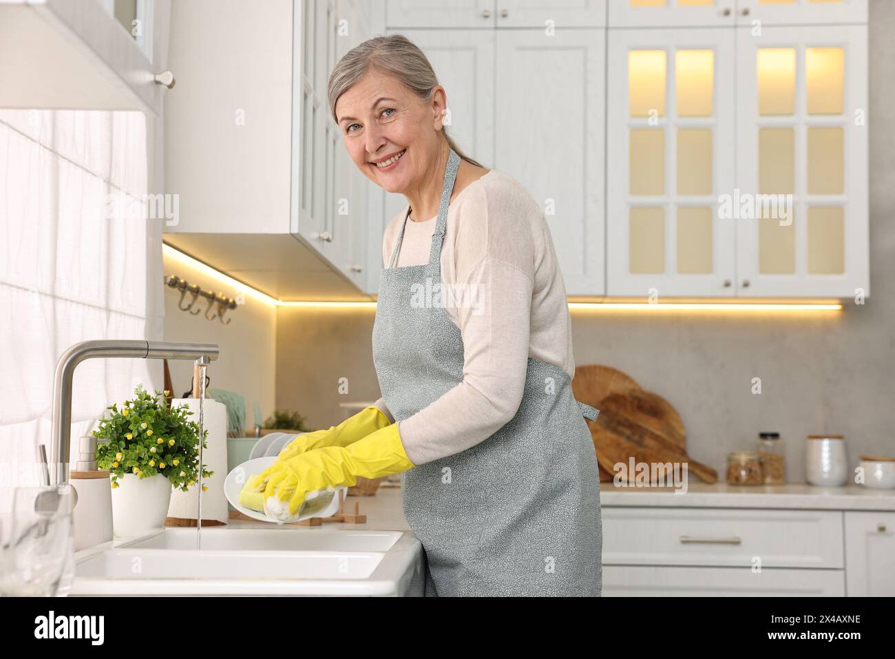 Bonne assiette de lavage de femme au foyer dans l'évier de cuisine Banque D'Images