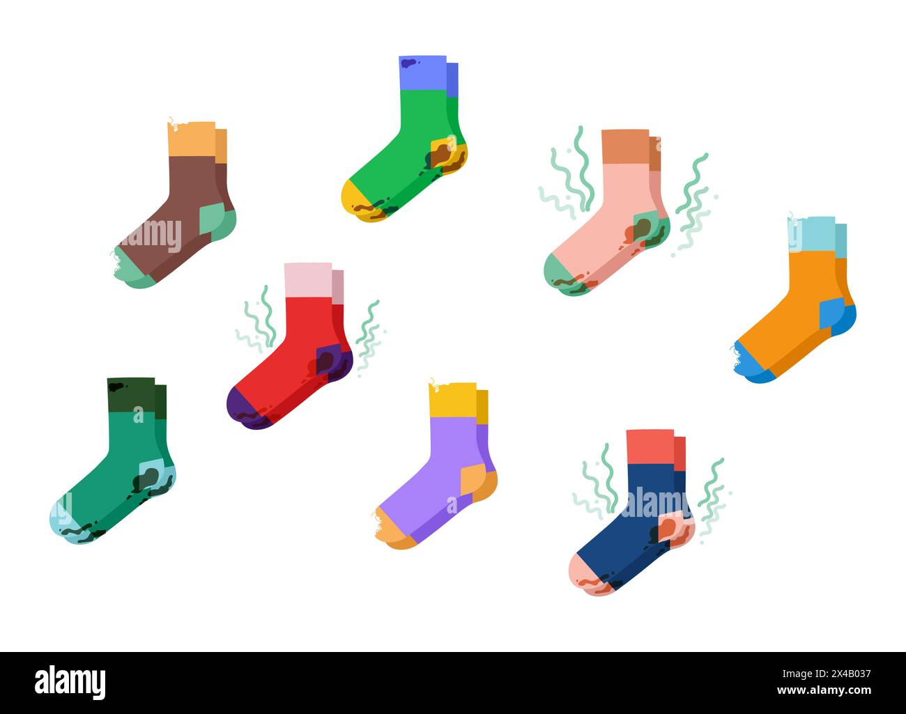 Ensemble de chaussettes colorées - sale, puant, avec des trous, mauvaise odeur désagréable ménage et concept de blanchisserie. Vêtements avec des taches, Leaky. Accessoire de mode illustration technique. Contour d'esquisse à plat vectoriel Illustration de Vecteur