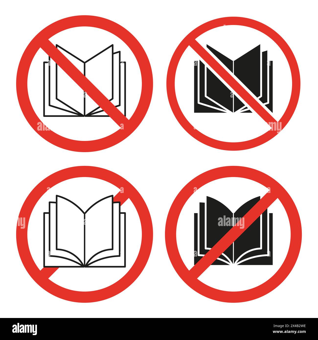 Les signes de lecture ne sont pas autorisés. Icônes vectorielles pour le silence de bibliothèque. Symboles d'interdiction de livre. Illustration de Vecteur