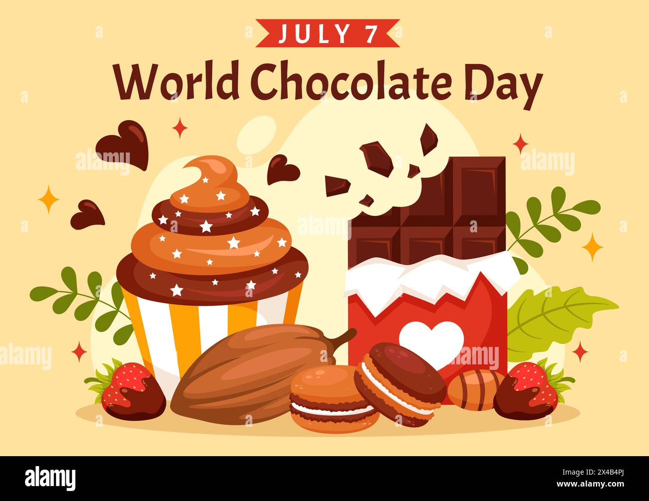 Célébration de la Journée mondiale du chocolat illustration vectorielle le 7 juillet avec chocolats fondus et gâteau dans la conception de fond de dessin animé plat Illustration de Vecteur