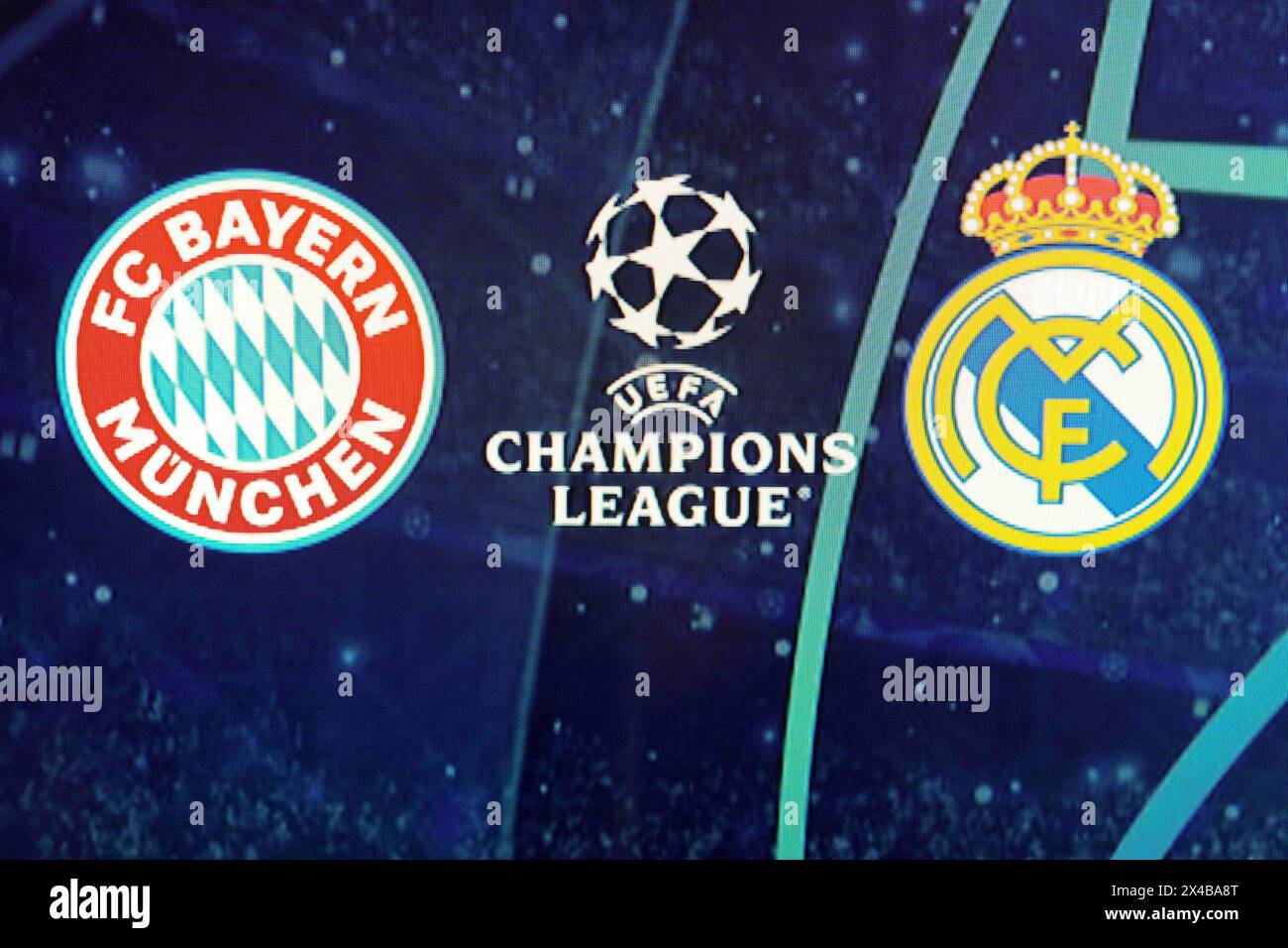 Brésil. 30 avril 2024. Dans cette illustration photo, les boucliers des équipes du Bayern Munich et du Real Madrid jouant en demi-finale de l'UEFA Champions League ce mardi 30 avril 2024, à l'Allianz Arena, à Munich, en Allemagne. (Crédit image : © Rafael Henrique/SOPA images via ZUMA Press Wire) USAGE ÉDITORIAL SEULEMENT! Non destiné à UN USAGE commercial ! Banque D'Images