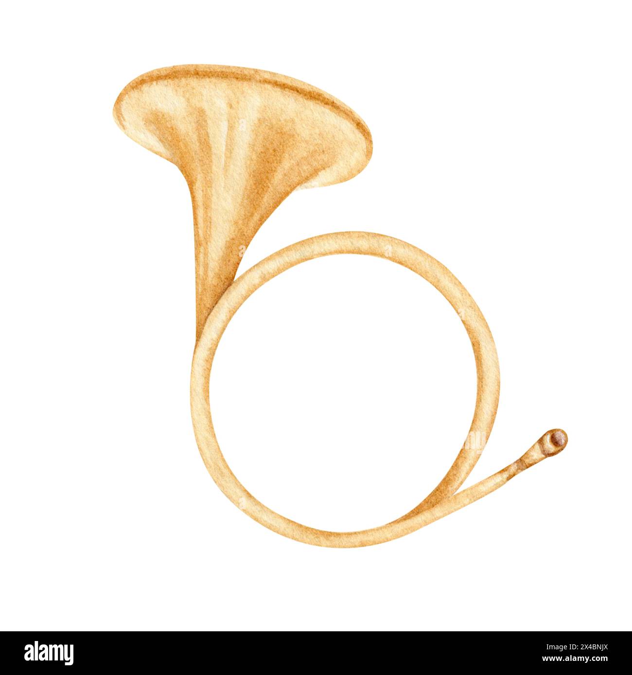 Corne française classique. Instrument de musique en laiton vintage. Elément de conception de programme musical pour orchestre symphonique. Illustration aquarelle élément isolé Banque D'Images