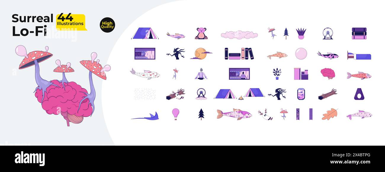 Paquet d'objets de dessin animé linéaires 2D magique surréaliste Illustration de Vecteur
