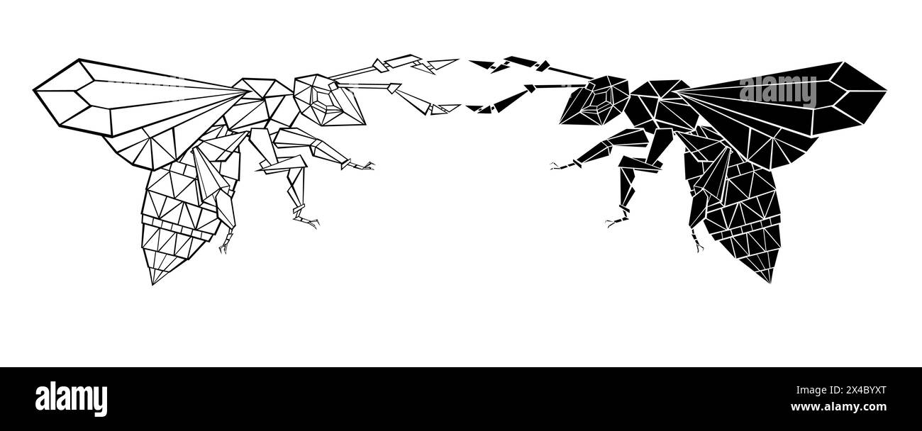 Artistiquement dessiné, polygonal, contour et silhouette, abeille volante sur fond blanc. Style polygonal. Illustration de Vecteur
