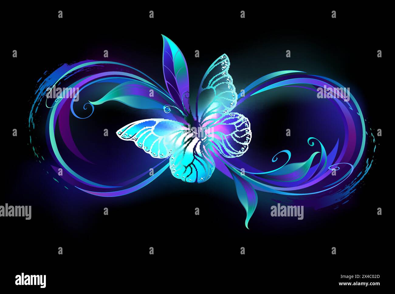 Symbole de l'infini avec papillon brillant magique et violet avec des ailes transparentes, sur fond noir. Papillon lumineux. Illustration de Vecteur