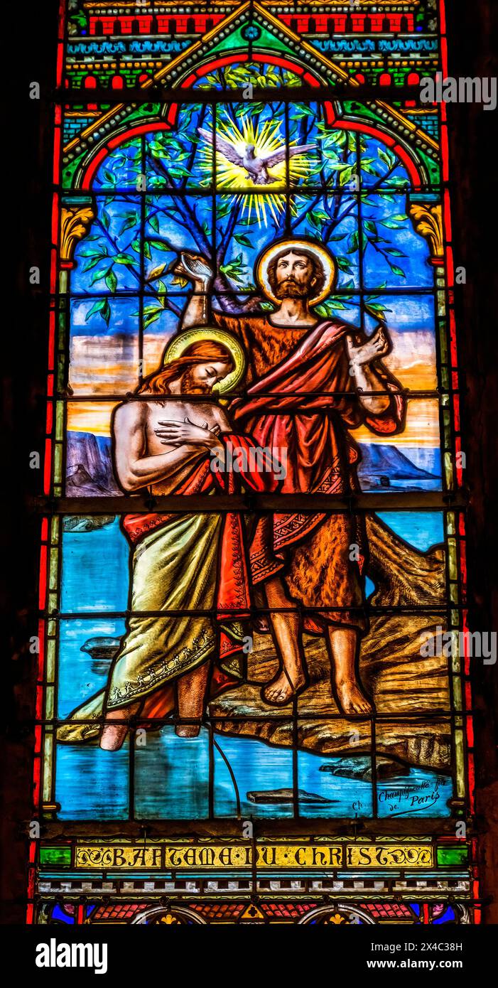 Jésus baptême Jean Baptiste vitrail, Basilique notre-Dame de Nice, Côte d'Azur, France. Construit les années 1860 par Charles Champigneulle. Banque D'Images