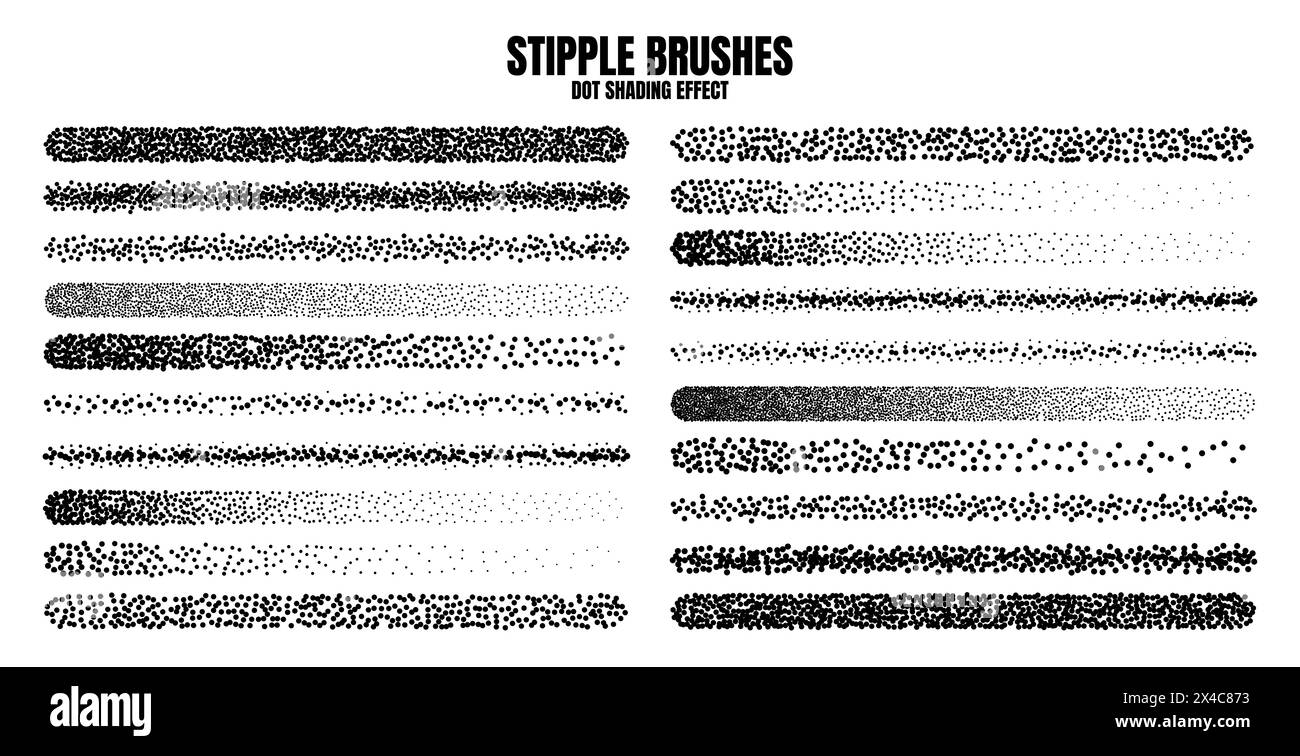 Pinceau dispersé à stipple, dessin à l'encre et texturation. Dégradé de fondu. Pointillés, dessin dotwork, ombrage à l'aide de points. Effet de désintégration des demi-tons Illustration de Vecteur
