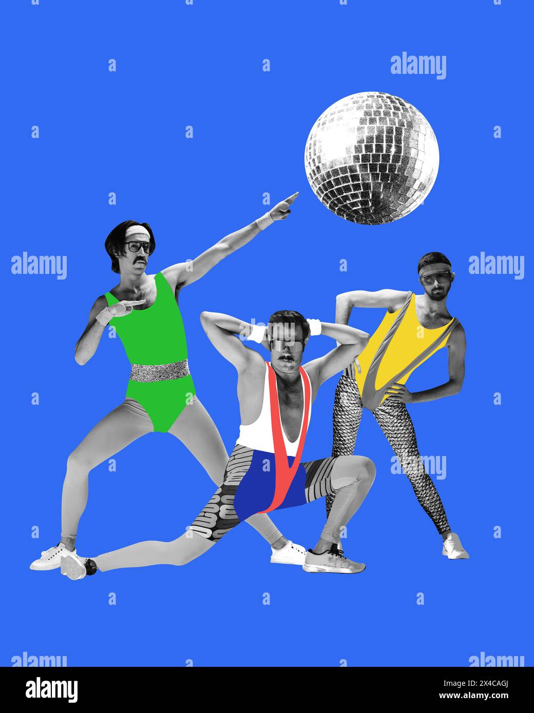 Trois hommes drôles dans des vêtements de sport colorés faisant des exercices d'aérobic sur fond bleu. Collage d'art contemporain. Banque D'Images