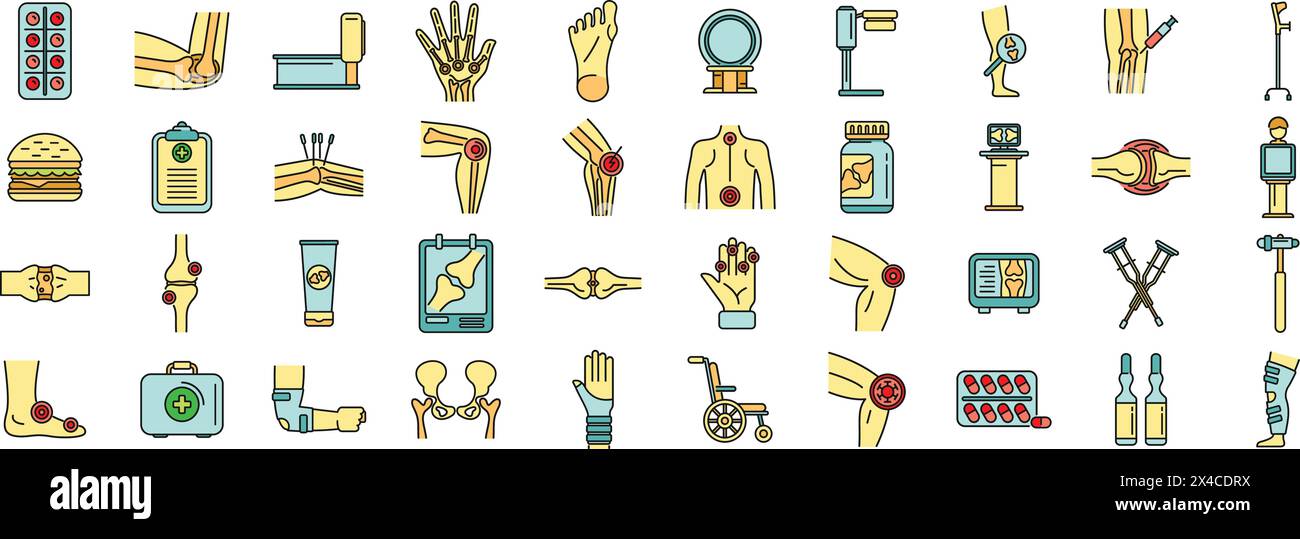 Les icônes d'arthrite définissent le vecteur de contour. Traumatisme articulaire. Couleur de ligne mince de science médicale plat sur blanc Illustration de Vecteur