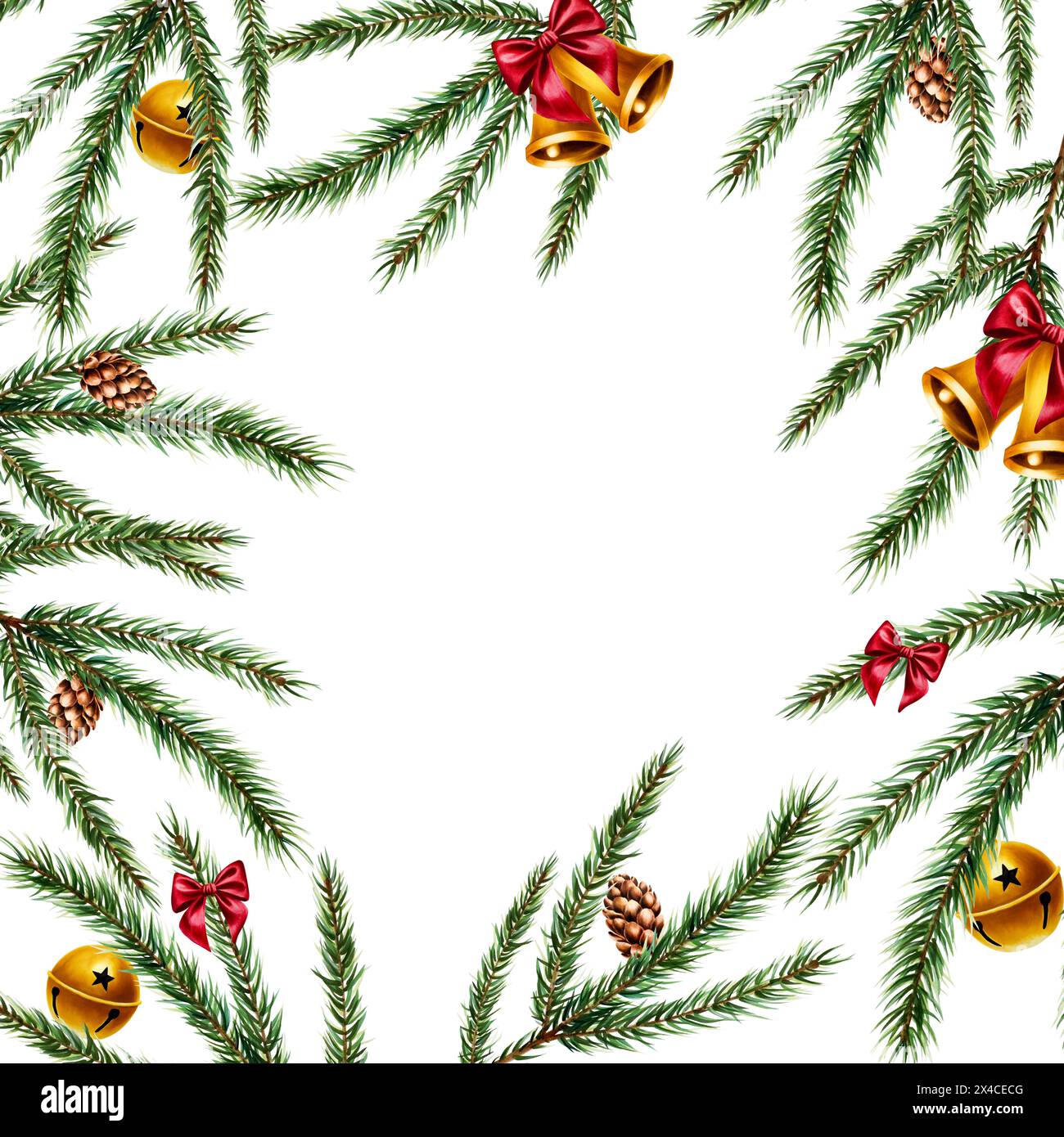 Cadre avec cloches dorées de noël, arc en satin rouge, branches d'épinette et de pin, cèdre, cônes de sapin illustration. Symbole aquarelle du nouvel an isolé sur le dos Banque D'Images