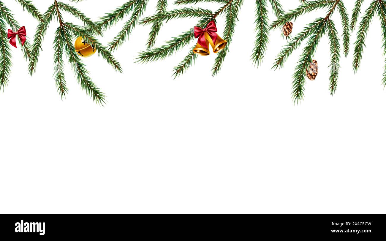 Cadre sans couture avec cloches dorées de noël, arc en satin rouge, branches d'épinette et de pin, cèdre, cônes de sapin illustration. Isolez le symbole de l'aquarelle du nouvel an Banque D'Images