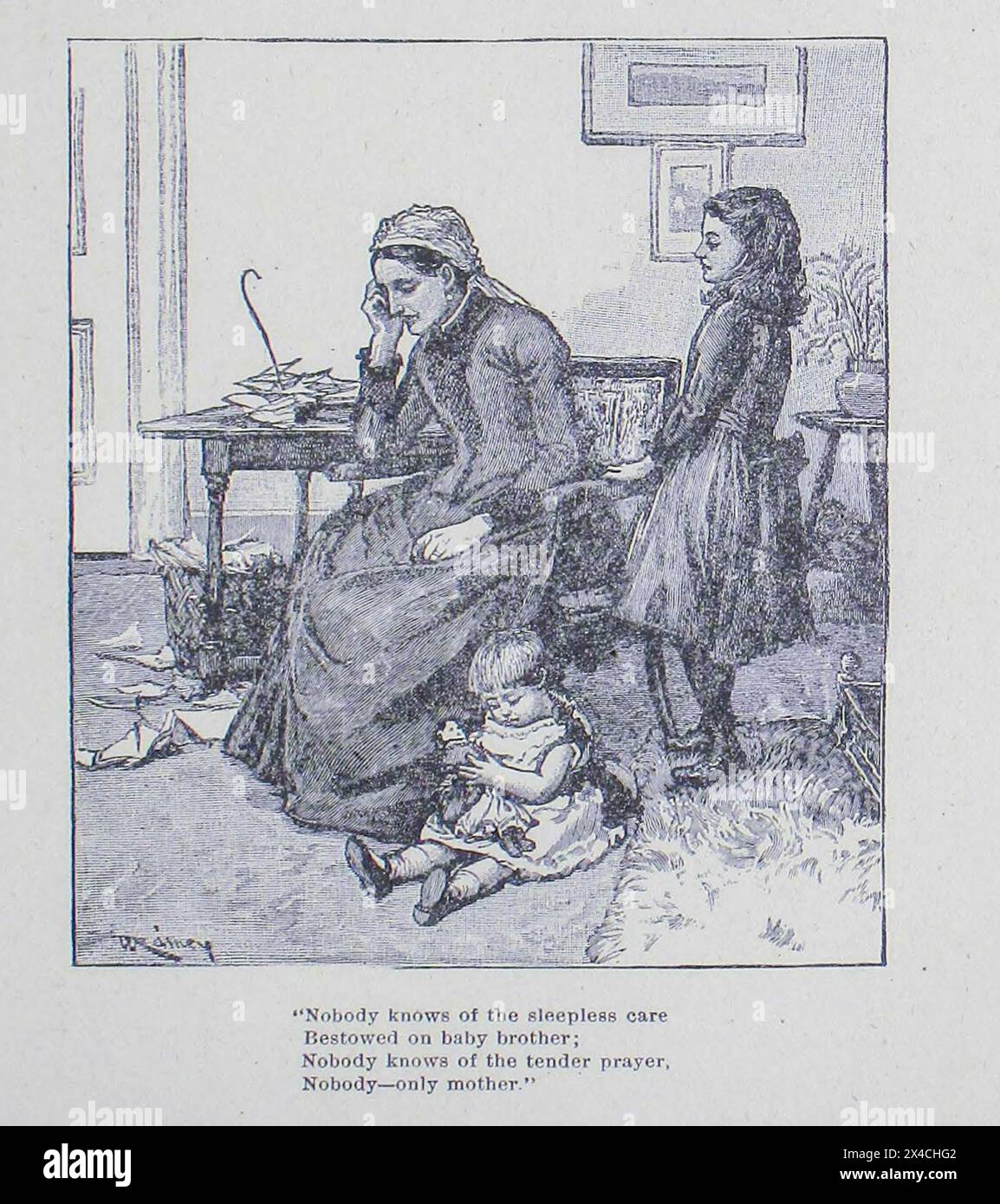 Personne ne connaît les soins sans sommeil accordés à bébé frère ; personne ne connaît la prière tendre, personne—mère unique. Tiré de Golden Links in the Chain That Connects Mother, Home and Heaven édité par MRS J. P. Newman ; [Angeline Ensign Newman] Banque D'Images