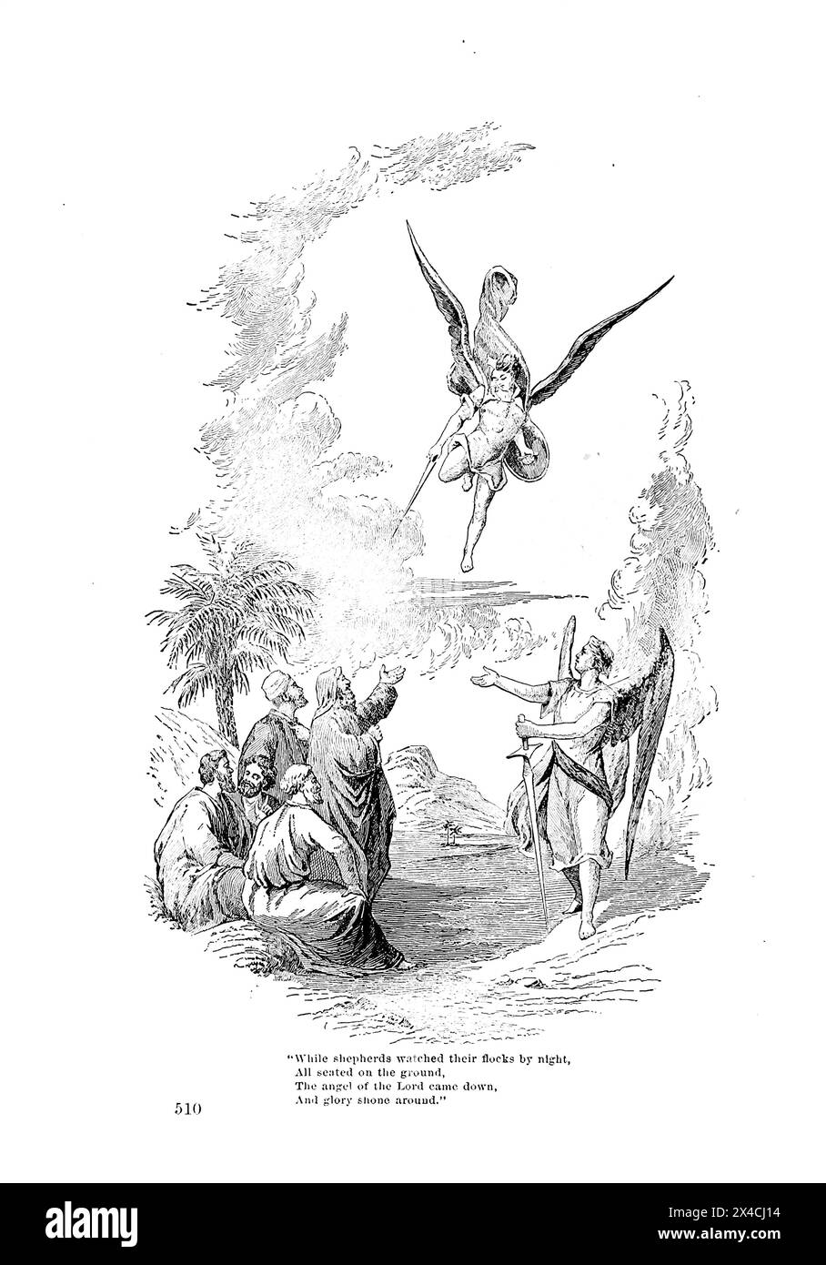 Pendant que les bergers regardaient leurs troupeaux pendant la nuit, tous assis sur le sol, l`ange de l`Éternel descendit, et la gloire brillait autour. Tiré de Golden Links in the Chain That Connects Mother, Home and Heaven édité par MRS J. P. Newman ; [Angeline Ensign Newman] Banque D'Images