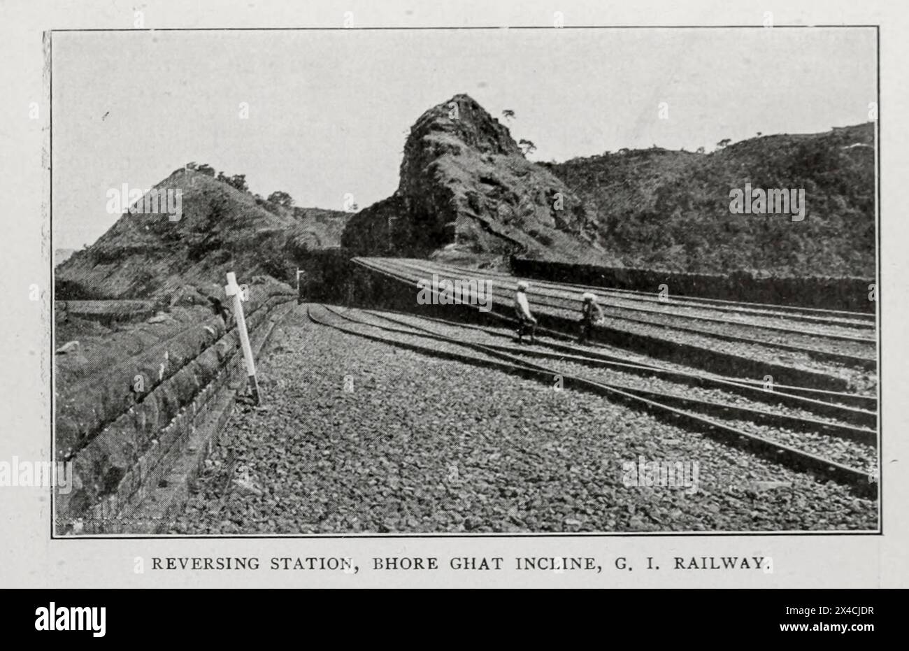 STATION DE MARCHE ARRIÈRE, RAMPE GHAT, G. I. RAILWAY. De l'article EMPLACEMENT ET ENQUÊTES FERROVIAIRES À RAJPUTANA, INDE. Par C. H. Croudace. Tiré du magazine Engineering consacré au progrès industriel volume XVI octobre 1898 - mars 1899 le magazine Engineering Co Rājputana, signifiant Terre des Rajputs, était une région du sous-continent indien qui comprenait principalement l'actuel État indien du Rajasthan, ainsi que des parties du Madhya Pradesh et du Gujarat, et quelques zones adjacentes du Sind dans le sud du Pakistan moderne. Banque D'Images