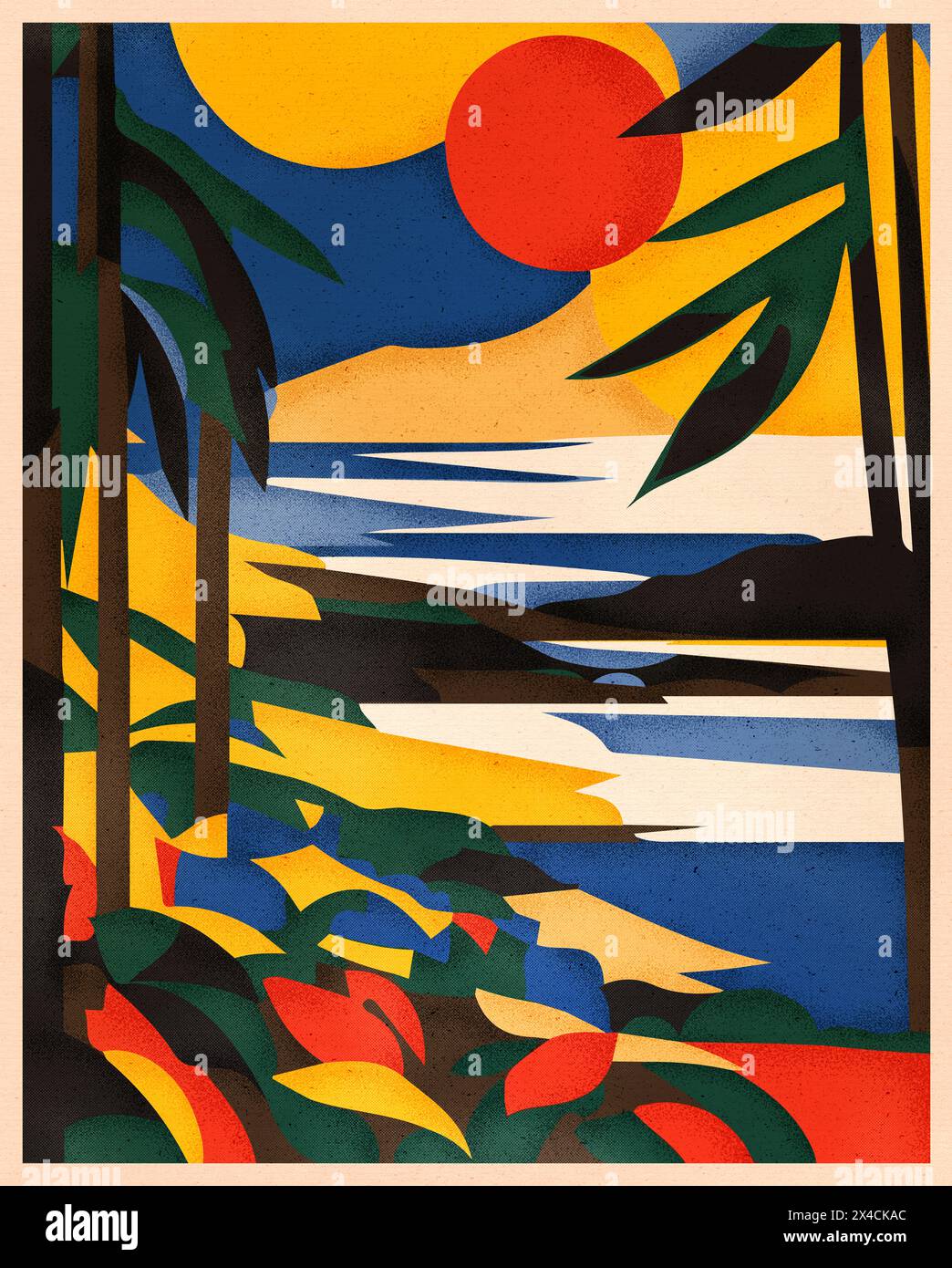 Un coucher de soleil sur la côte, des découpes en papier de couleurs Unies, un paradis tropical. Décoration murale. Affiche touristique. Style moderne du milieu du siècle. Rétro Banque D'Images