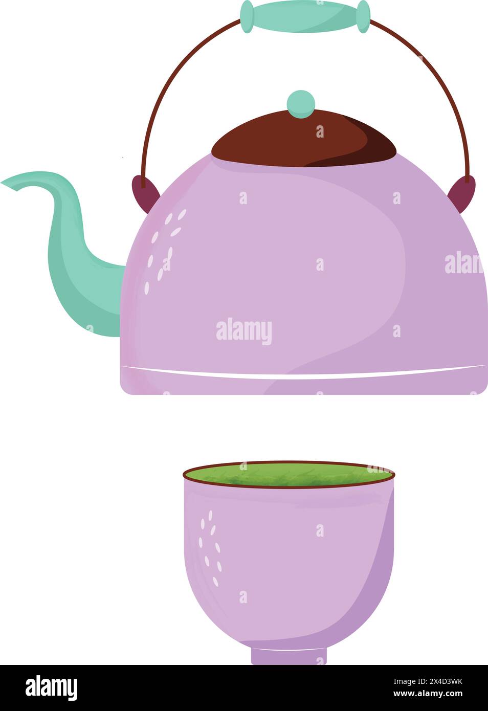 Théière lavande avec mug. Tasse de thé vert. Théière de dessin animé Illustration de Vecteur