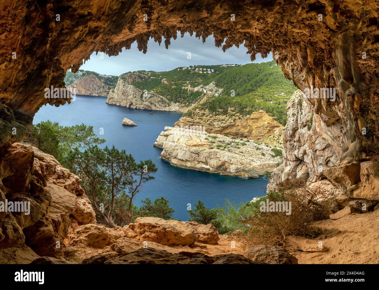 Vue sur les falaises de la côte nord depuis la grotte Egragopilas près de Portitxol, Sant Joan de Labritja, Ibiza, Îles Baléares, Espagne Banque D'Images