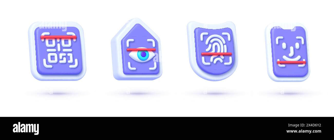 ensemble de numérisation 3d pour la conception web. Identification du visage, balayage des doigts, balayage des yeux, balayage du code QR. Technologie des données. illustration vectorielle 3d. Illustration de Vecteur