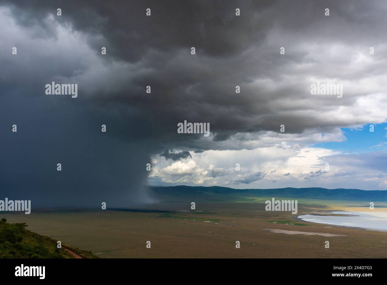 Une tempête frappe le cratère de Ngorongoro.Zone de conservation de Ngorongoro, Tanzanie. Banque D'Images