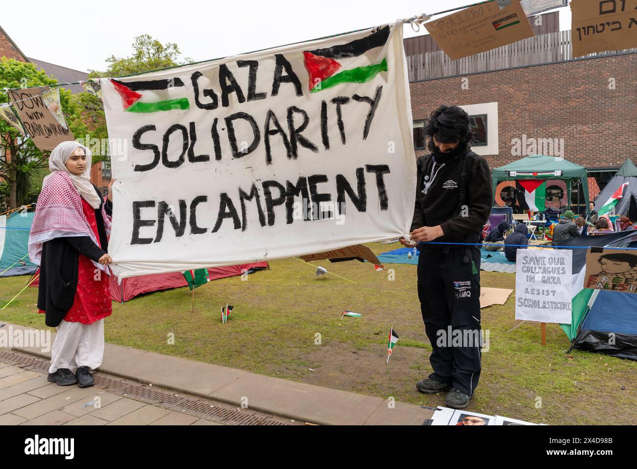 Newcastle upon Tyne, Royaume-Uni. 2 mai 2024. Camp de solidarité de Gaza sur le site principal de l'Université de Newcastle. Des étudiants pro-palestiniens et des alliés campent pour protester et sensibiliser à la situation en Palestine. Crédit : Hazel Plater/Alamy Live News Banque D'Images