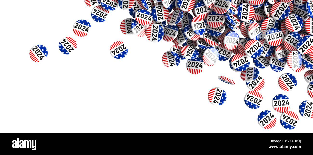 Boutons patriotiques avec 2024 texte, symbolisant usa Election 3D. Banque D'Images