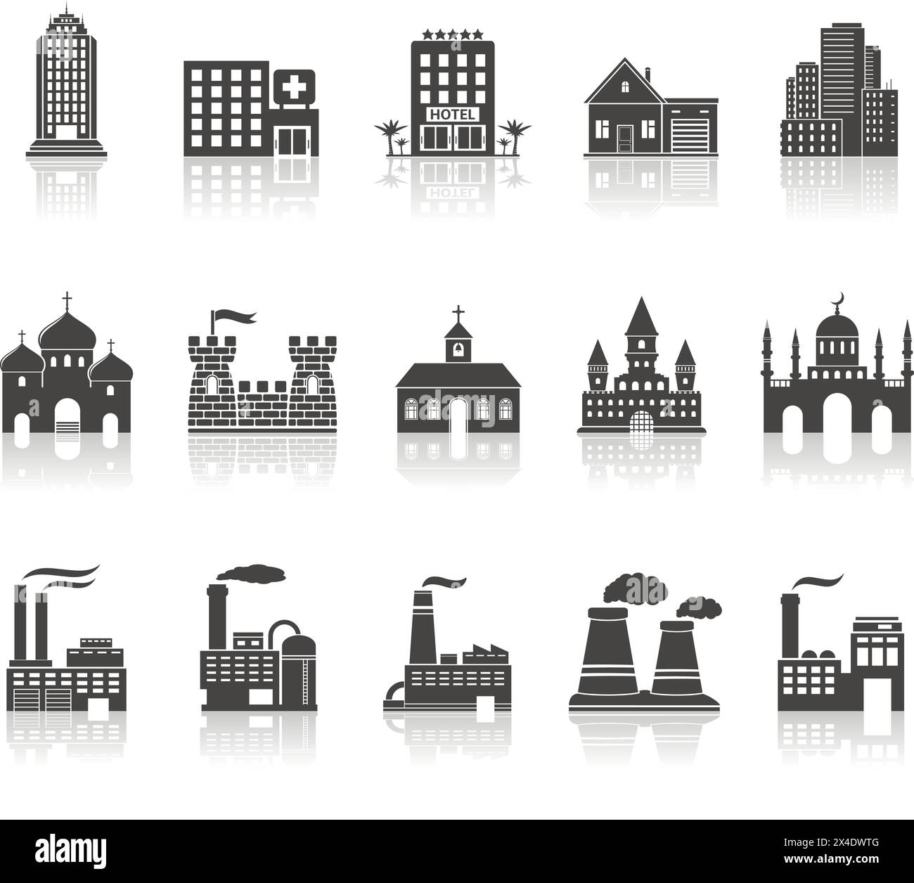 Ensemble de divers bâtiments, usines et maisons icônes avec réflexion. Illustration vectorielle. Illustration de Vecteur