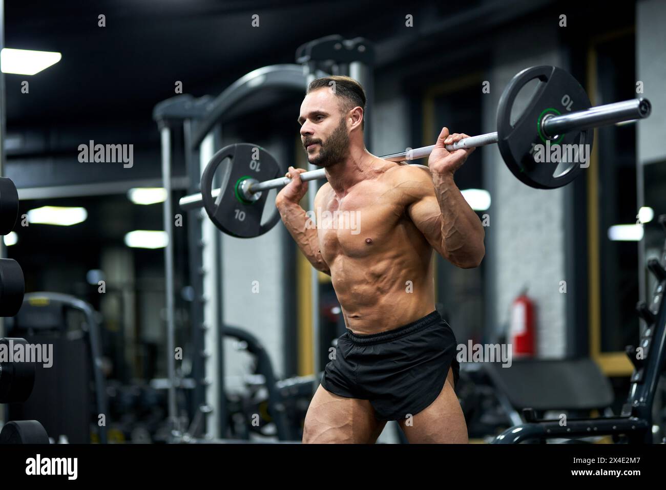 Déterminé, athlète fort en short noir, tenant une barre lourde dans la salle de gym. Vue de côté du musclé musclé barbu bodybuilder gardant la barre derrière le dos, tandis que Banque D'Images Déterminé, athlète fort en short noir, tenant une barre lourde dans la salle de gym. Vue de côté du musclé musclé barbu bodybuilder gardant la barre derrière le dos, tandis que Banque D'Images