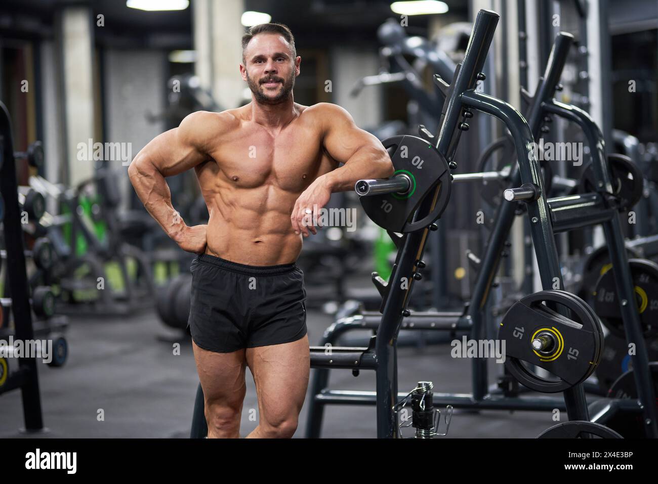 Sportif barbu posant, tout en s'appuyant sur un appareil d'entraînement dans une salle de gym. Vue avant d'un homme fort torse nu souriant à la caméra, ayant une séance d'entraînement, sur flou Banque D'Images Sportif barbu posant, tout en s'appuyant sur un appareil d'entraînement dans une salle de gym. Vue avant d'un homme fort torse nu souriant à la caméra, ayant une séance d'entraînement, sur flou Banque D'Images
