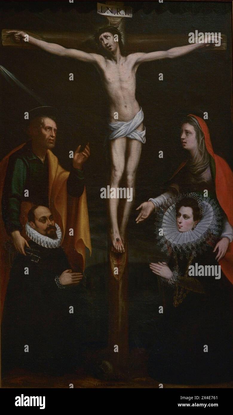 Alessandro Semino (décédé en 1607). Peintre italien. Christ de Croix, Saint Pierre, Marie Madeleine et les donateurs Pedro de Pantoja Pineda et Ana de Zurita, 1605. Huile sur toile. De l'ancienne église paroissiale de San Bartolomé de Sansoles, Tolède. Musée de Santa Cruz. Tolède. Espagne. (Prêt, église paroissiale de San Andrés, Tolède). Banque D'Images