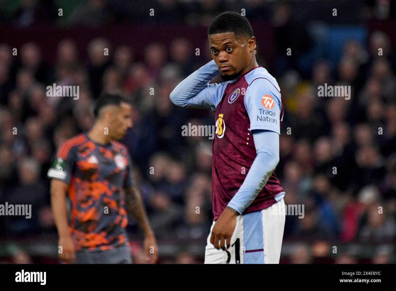 Aston Villa's Leon Bailey reacts during the Europa Conference League semifinal, first leg, soccer match between Aston Villa and Olympiacos at Villa Park in Birmingham, England, Thursday, May 2, 2024. (AP Photo/Rui Vieira) Banque D'Images