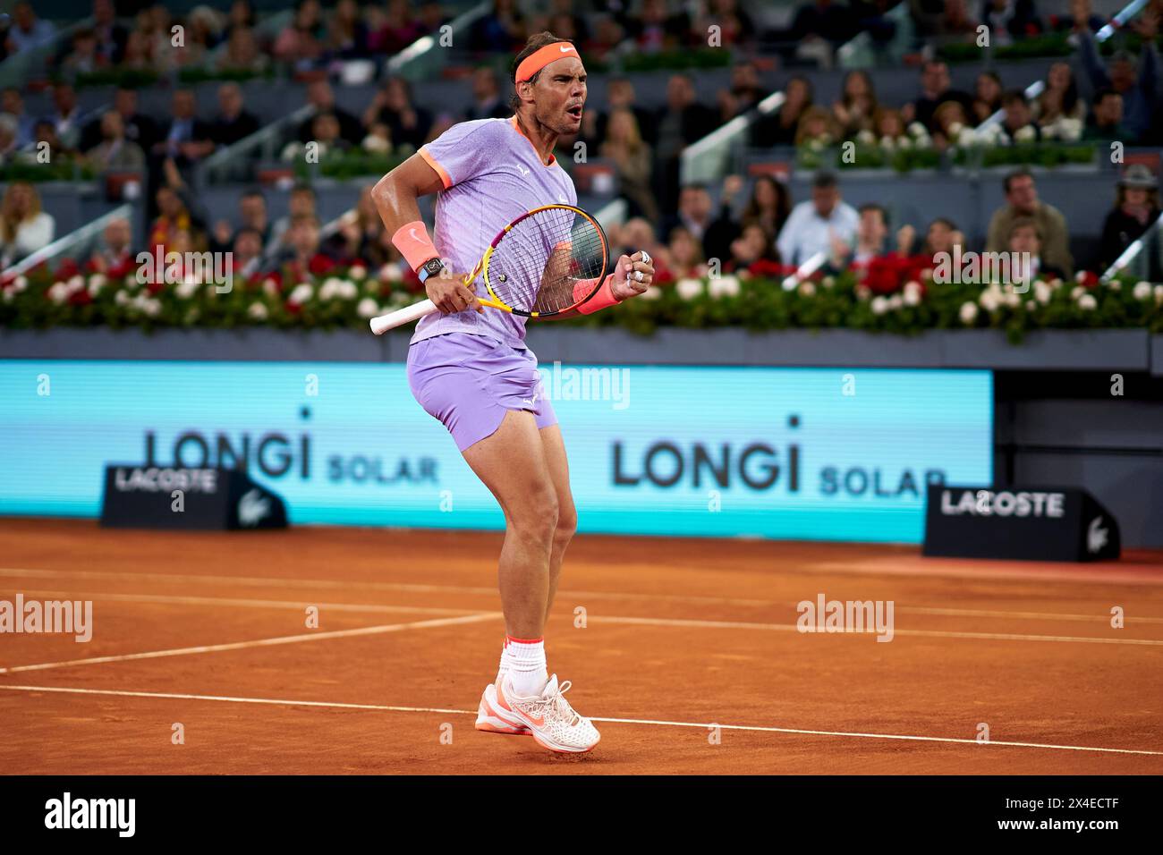 MADRID, ESPAGNE - AVRIL 30 : Rafael Nadal, d'Espagne, célèbre un point contre Jiri Lehecka, de République Tchèque, lors de son match de la ronde 16, le huitième jour de l'Open Mutua de Madrid à la Caja Magica, le 30 avril 2024 à Madrid, Espagne. (Photo de QSP) Banque D'Images