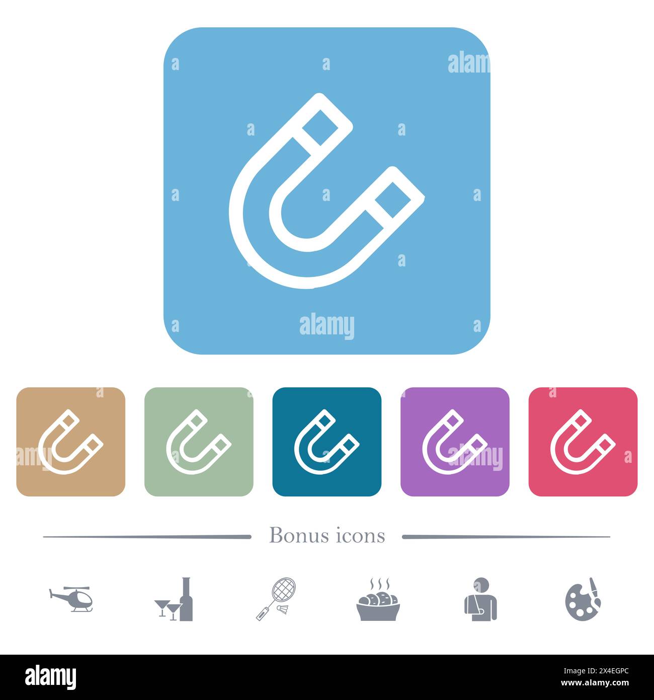 Icônes plates blanches de contour d'aimant de fer à cheval sur des fonds carrés arrondis de couleur. 6 icônes bonus incluses Illustration de Vecteur