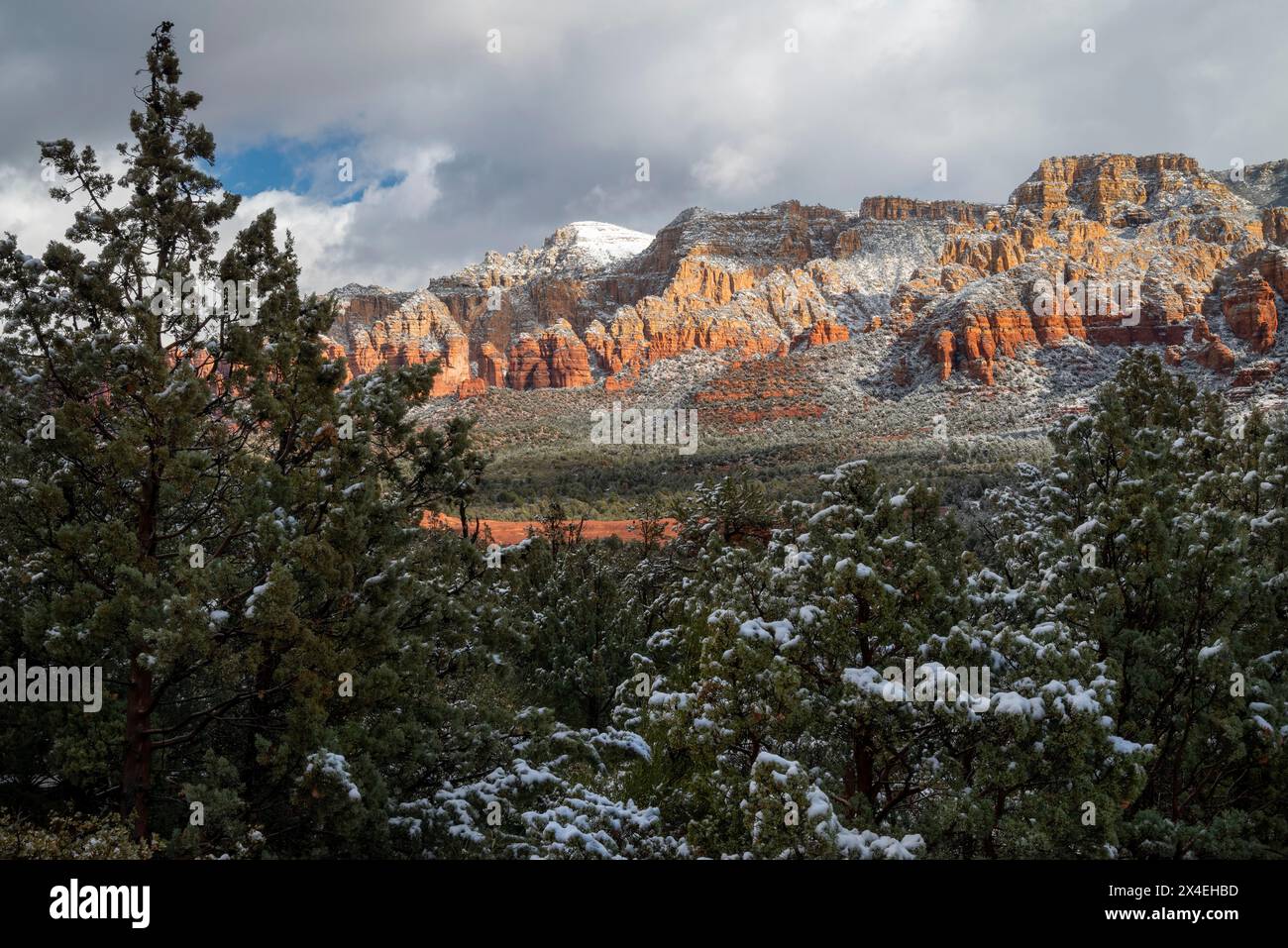 États-Unis, Arizona, Sedona. Vue sur les formations Red Rock avec un léger dépoussiérage de neige. Banque D'Images