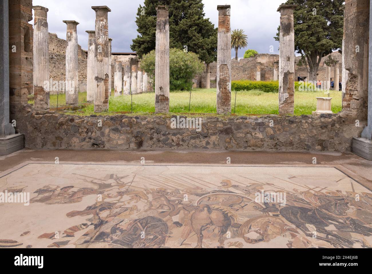 Villa Pompéi, Maison du faucon, ou Casa del Fauno, Pompéi ; jardin de villa, mosaïque et colonnes ; ruines romaines, site du patrimoine mondial de l'UNESCO, Pompéi Italie Banque D'Images