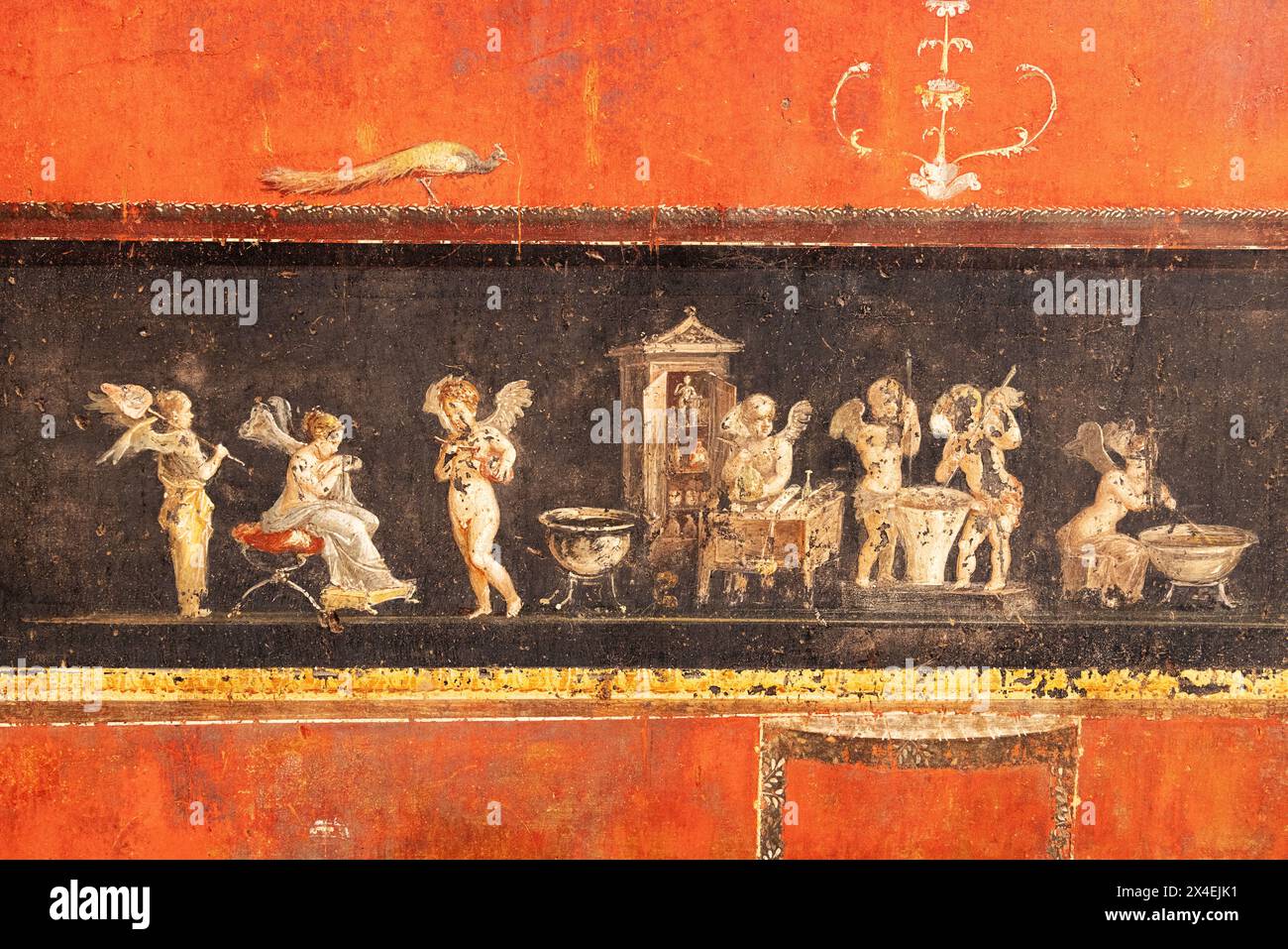 Fresque de Pompéi - détail coloré des fresques de la villa de la Maison de Vettii, site du patrimoine mondial de l'UNESCO, Pompéi, Campanie, Italie Banque D'Images