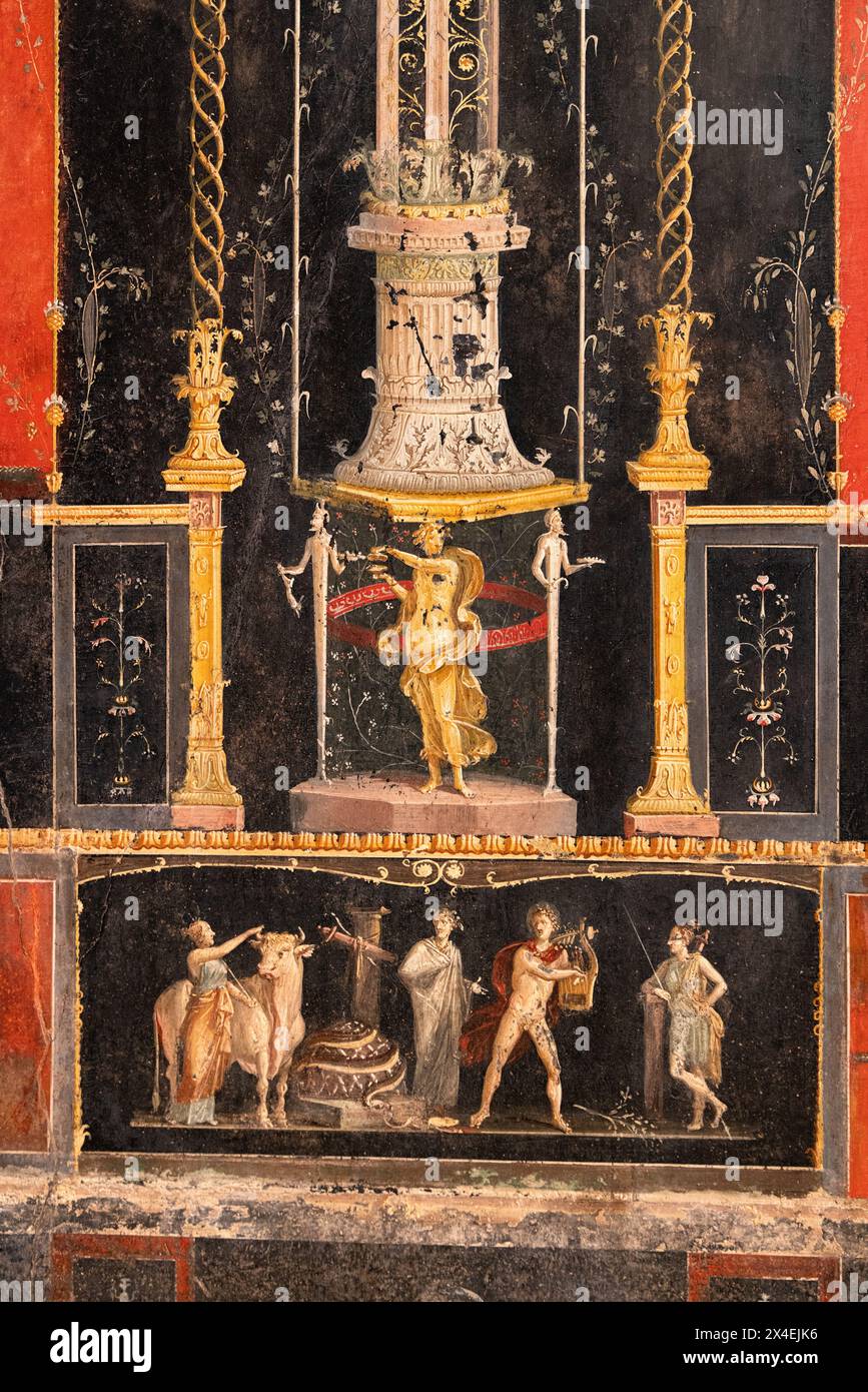 Fresque de Pompéi - détail des fresques murales dans la villa de la Maison de Vettii, datant du 1er siècle après JC ; site du patrimoine mondial de l'UNESCO, Pompéi Italie Banque D'Images