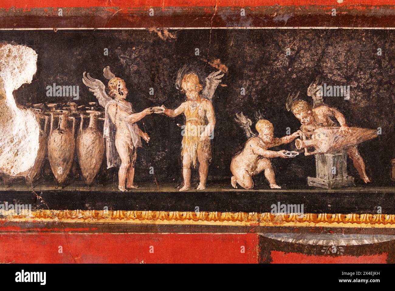 Fresque de Pompéi - détail des fresques murales dans la villa de la Maison de Vettii, datant du 1er siècle après JC ; site du patrimoine mondial de l'UNESCO, Pompéi Italie Banque D'Images