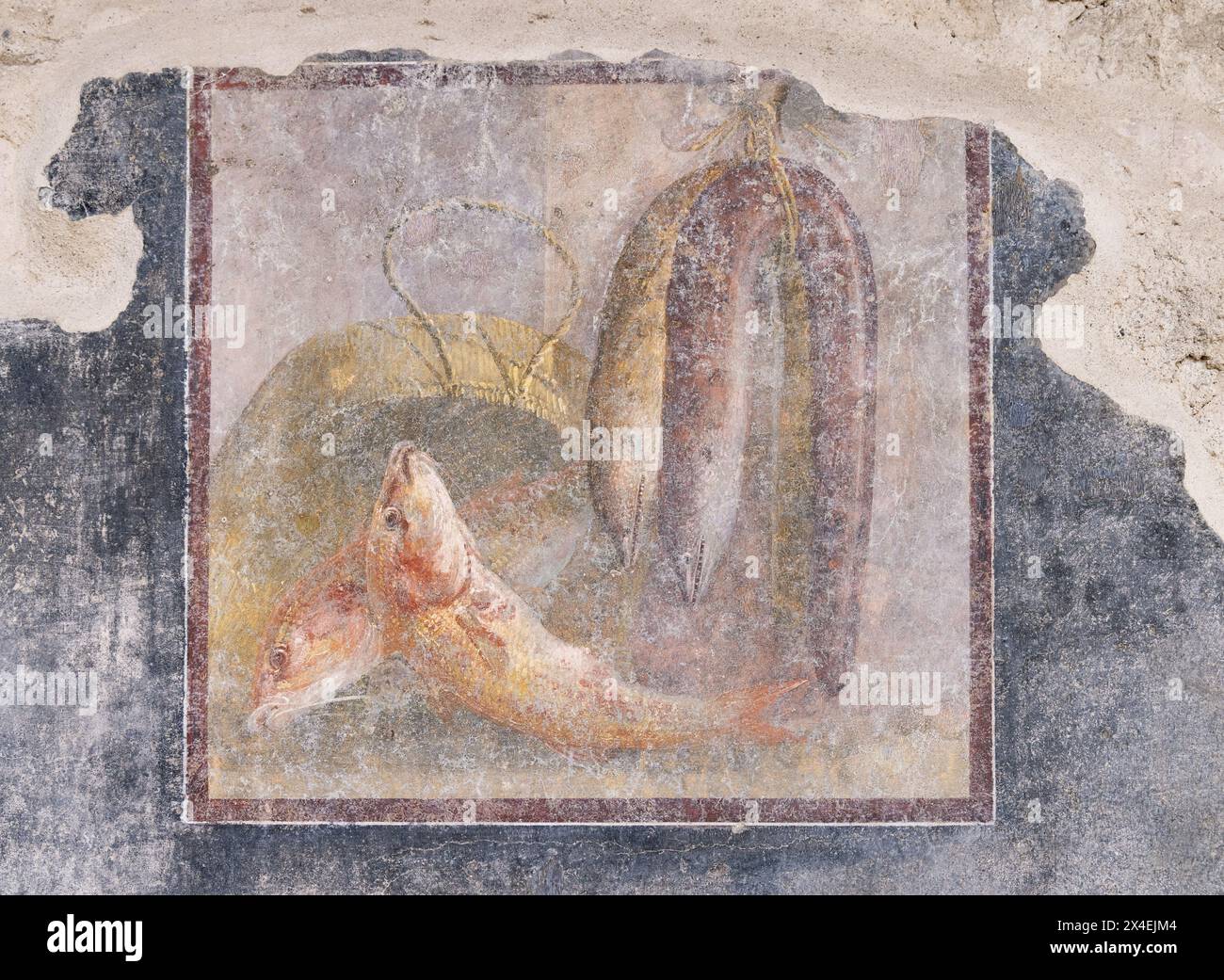 Cuisine de Pompéi ; peinture de la vie quotidienne de poissons et d'anguilles ; fresque d'art de la Maison des Vettii (Casa Vettii), Pompéi Italie - style de vie romain Banque D'Images