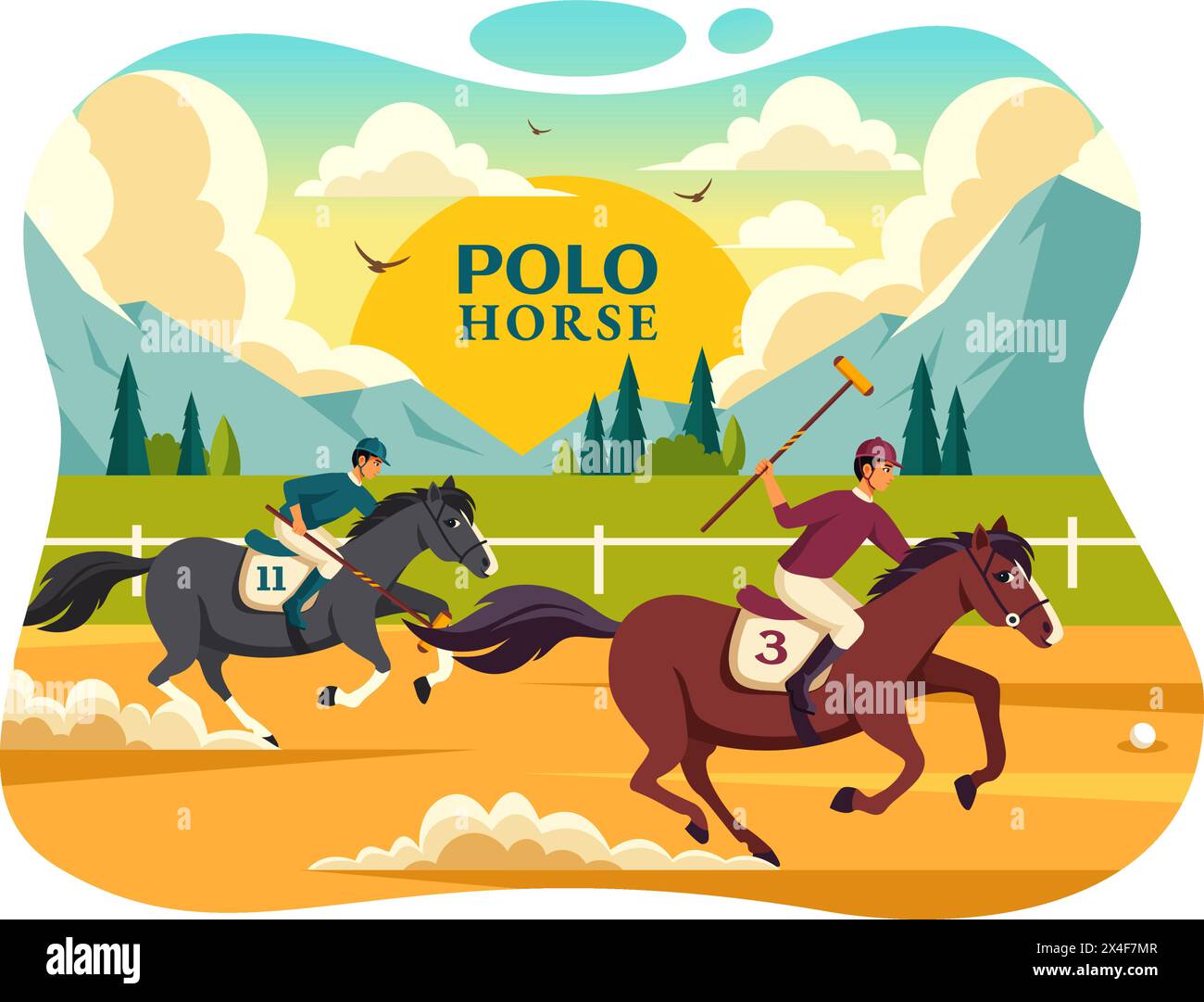 Polo Horse Sports illustration vectorielle avec le cheval d'équitation de joueur et l'équipement d'utilisation de bâton de maintien mis en compétition dans le fond de dessin animé plat Illustration de Vecteur