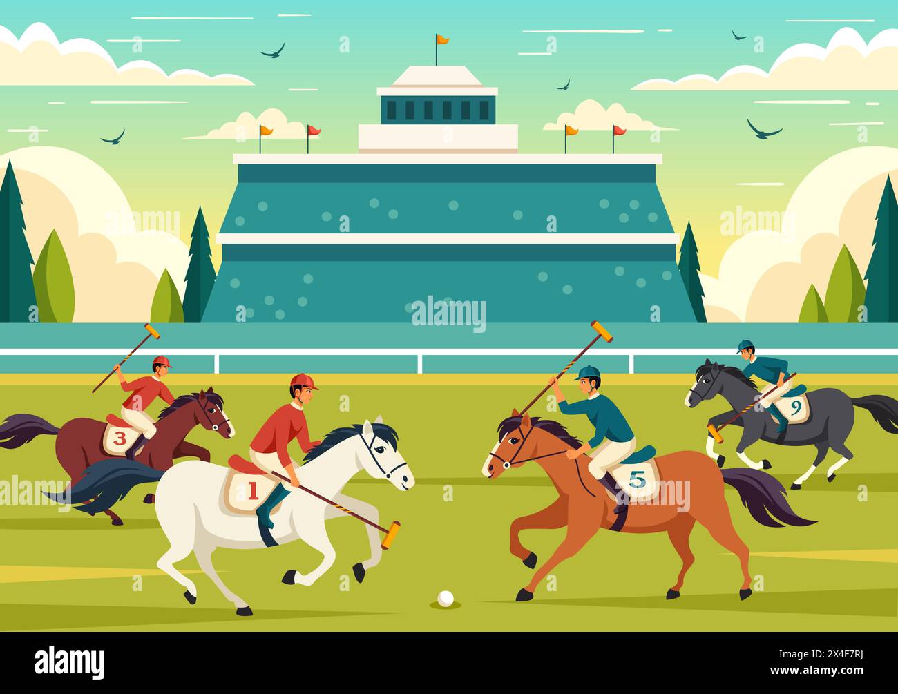 Polo Horse Sports illustration vectorielle avec le cheval d'équitation de joueur et l'équipement d'utilisation de bâton de maintien mis en compétition dans le fond de dessin animé plat Illustration de Vecteur