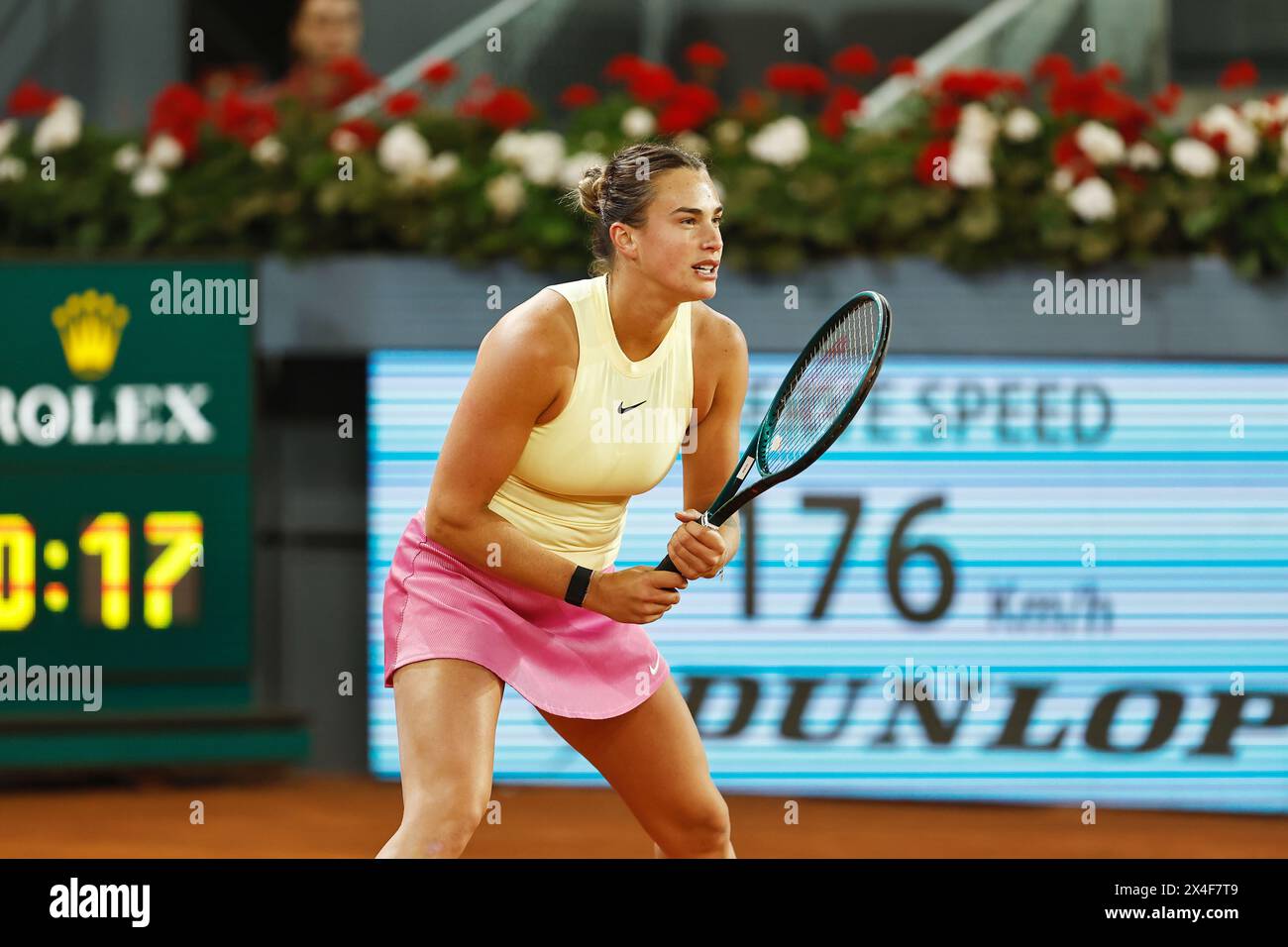 Madrid, Espagne. 2 mai 2024. Aryna Sabalenka (BLR) Tennis : Aryna Sabalenka en demi-finale match contre Elena Rybakina sur les tournois WTA 1000 tournoi Mutua Madrid Open de tennis à la Caja Magica de Madrid, Espagne . Crédit : Mutsu Kawamori/AFLO/Alamy Live News Banque D'Images