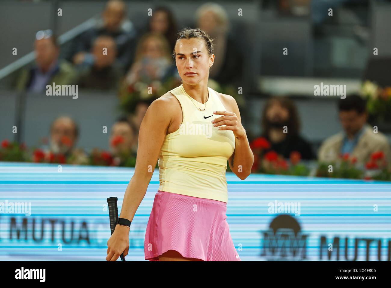 Madrid, Espagne. 2 mai 2024. Aryna Sabalenka (BLR) Tennis : Aryna Sabalenka en demi-finale match contre Elena Rybakina sur les tournois WTA 1000 tournoi Mutua Madrid Open de tennis à la Caja Magica de Madrid, Espagne . Crédit : Mutsu Kawamori/AFLO/Alamy Live News Banque D'Images