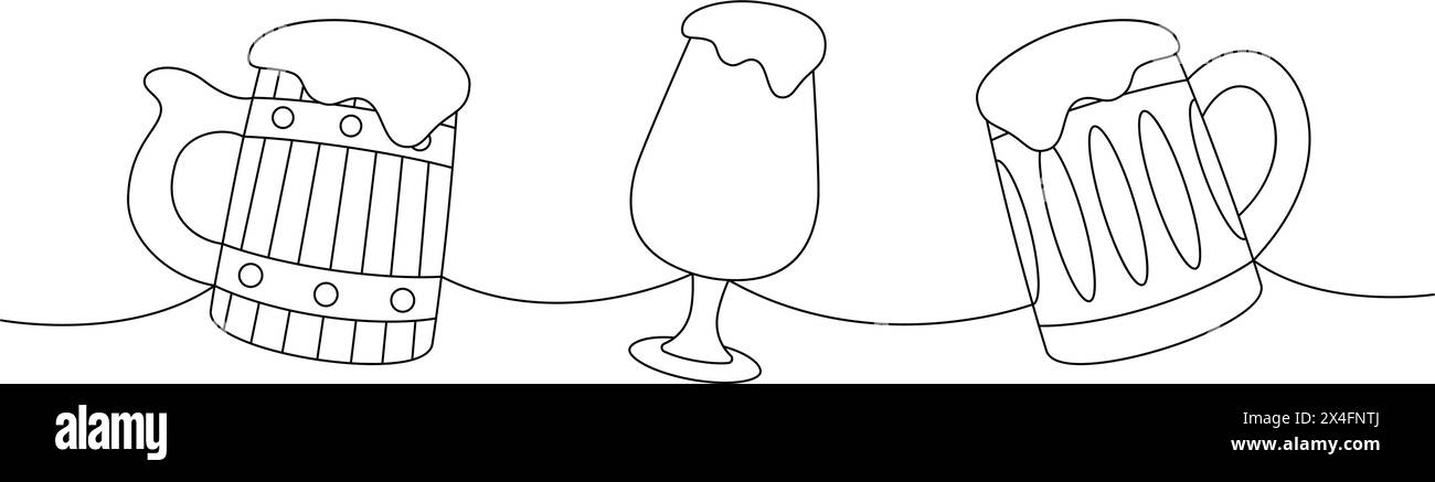 Tasses à bière dessin continu d'une ligne. Illustration continue d'une ligne de produits de pub de bière. Illustration linéaire vectorielle. Illustration de Vecteur
