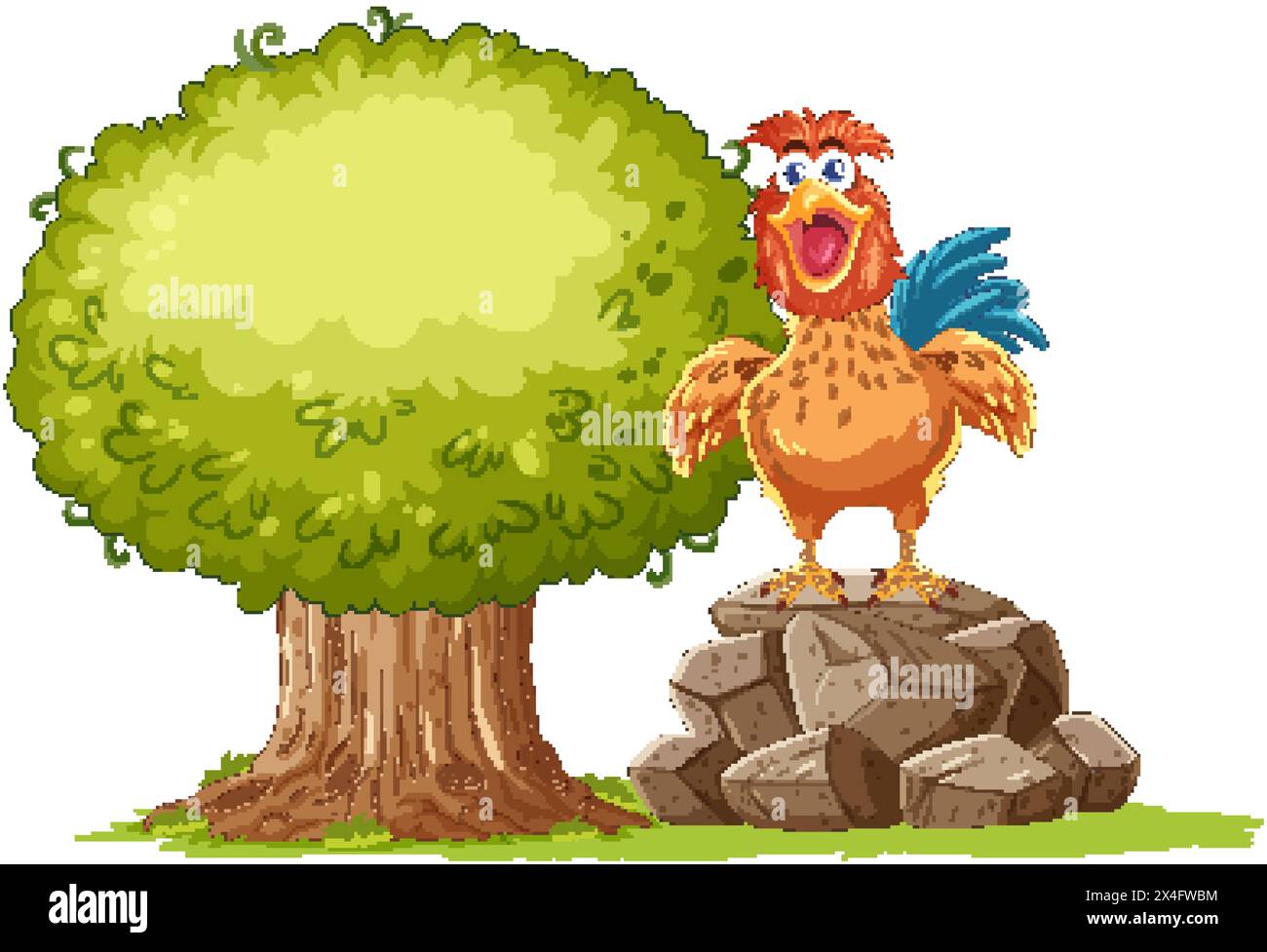 Coq coloré debout fièrement sur les rochers près de l'arbre. Illustration de Vecteur