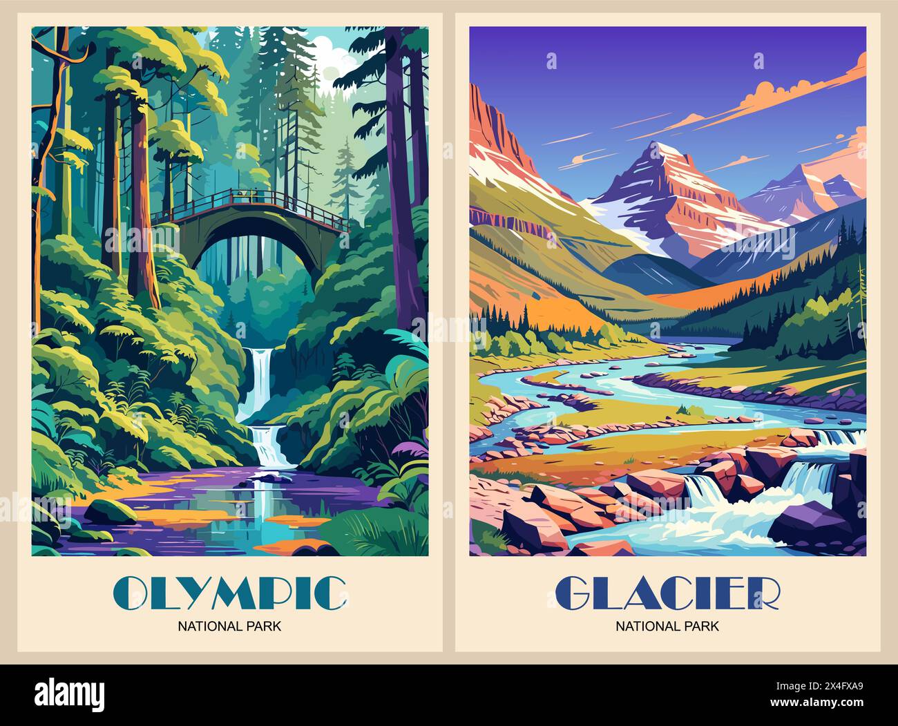 Ensemble d'affiches d'art vectoriel rétro des parcs nationaux Illustration de Vecteur