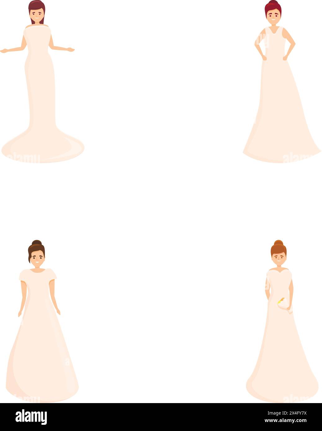 Les icônes de mariée de dessin animé définissent le vecteur de dessin animé. Mariée dans divers styles vestimentaires. Mode mariage Illustration de Vecteur