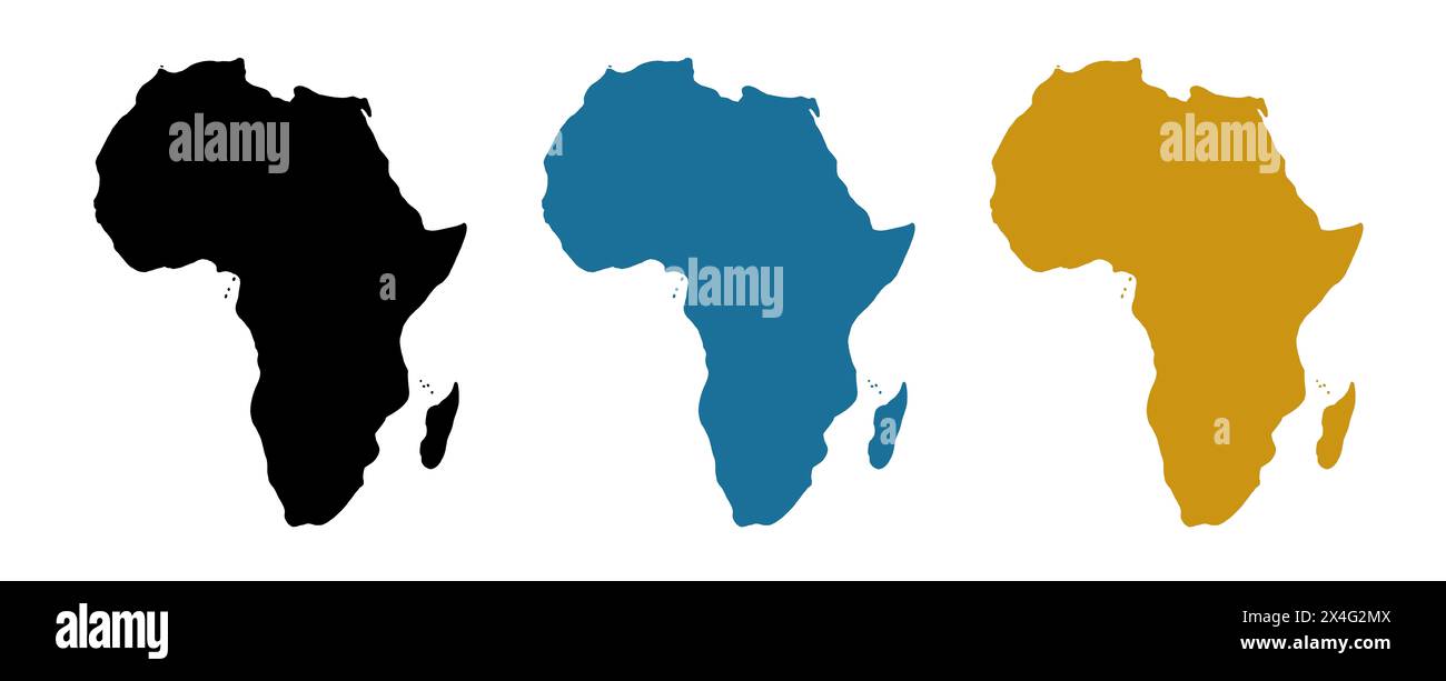 Trois silhouettes du continent africain. Illustration de la carte du monde en trois couleurs différentes sur le fond blanc. Banque D'Images