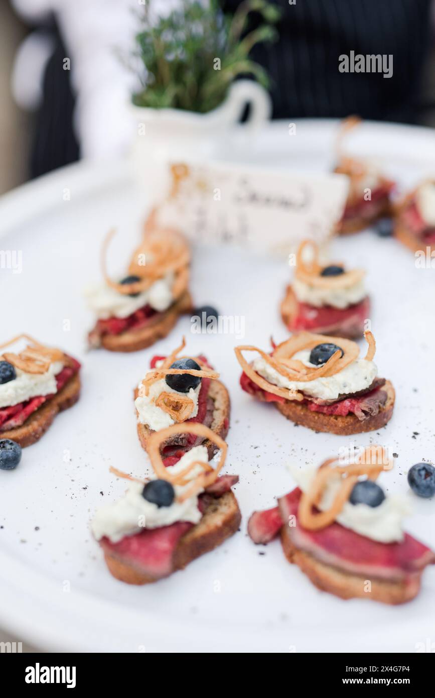 Délicieux canapés au bœuf et aux myrtilles avec oignon croustillant Banque D'Images